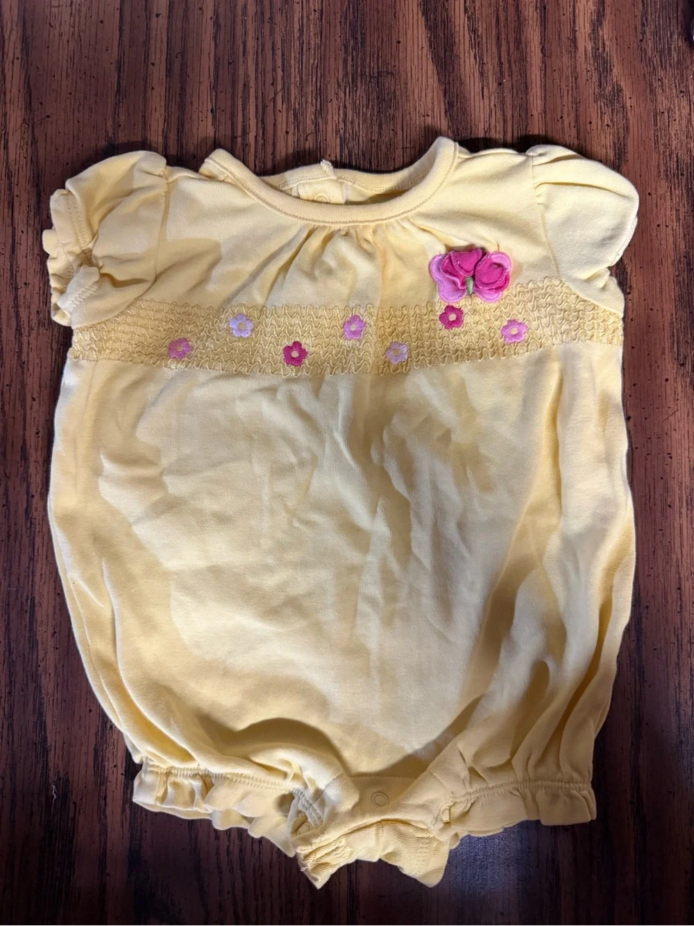 Vintage Gymboree Yellow Bubble Romper with Pink Flower Accent